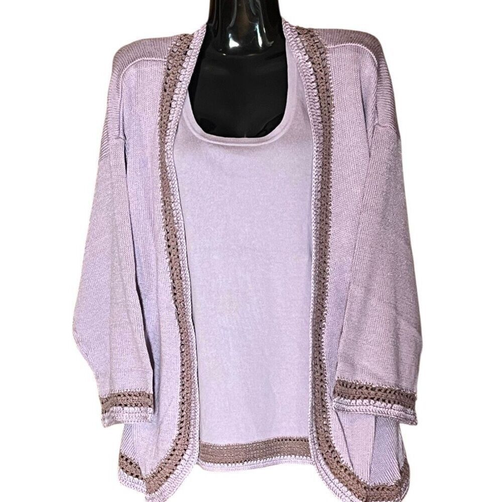 Modern Soul Sweater Set Crochet Detail‎ Lilac Open Front Cardigan & Top Sz L
